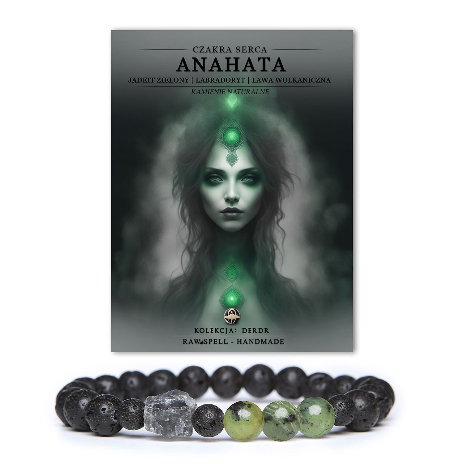 Bransoletka z naturalnych kamieni: czakra serca Anahata, jadeit zielony, labradoryt i lawa wulkaniczna z kolekcji Derdr, idealna na każdą okazję.