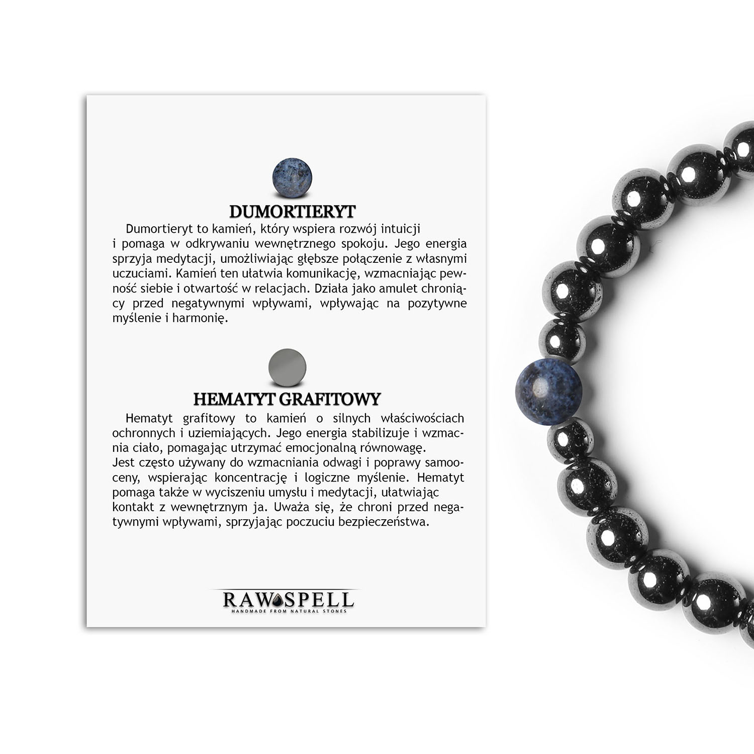 Stylowa bransoletka na gumce Binthe, dumortieryt oraz hematyt grafitowy, idealna dla kobiet i mężczyzn Bransoletka z naturalnych kamieni Dumortierytu i Hematytu Grafitowego - Kolekcja Binthe, dla kobiet i mężczyzn.