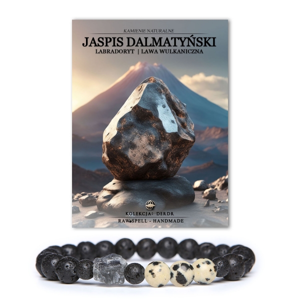 Bransoletka z kolekcji Derdr z naturalnymi kamieniami: jaspis dalmatyński, labradoryt i lawa wulkaniczna, dla kobiet i mężczyzn.