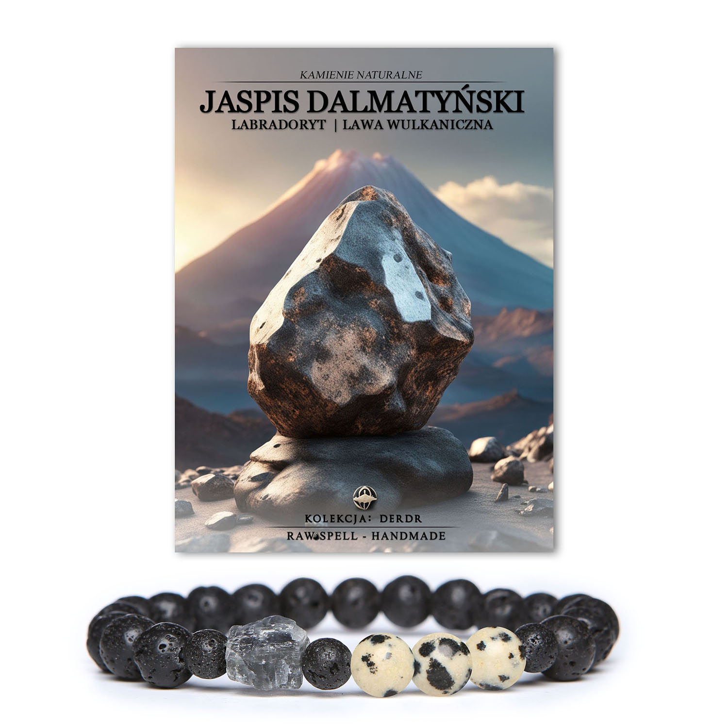 Bransoletka z kolekcji Derdr z naturalnymi kamieniami: jaspis dalmatyński, labradoryt i lawa wulkaniczna, dla kobiet i mężczyzn.