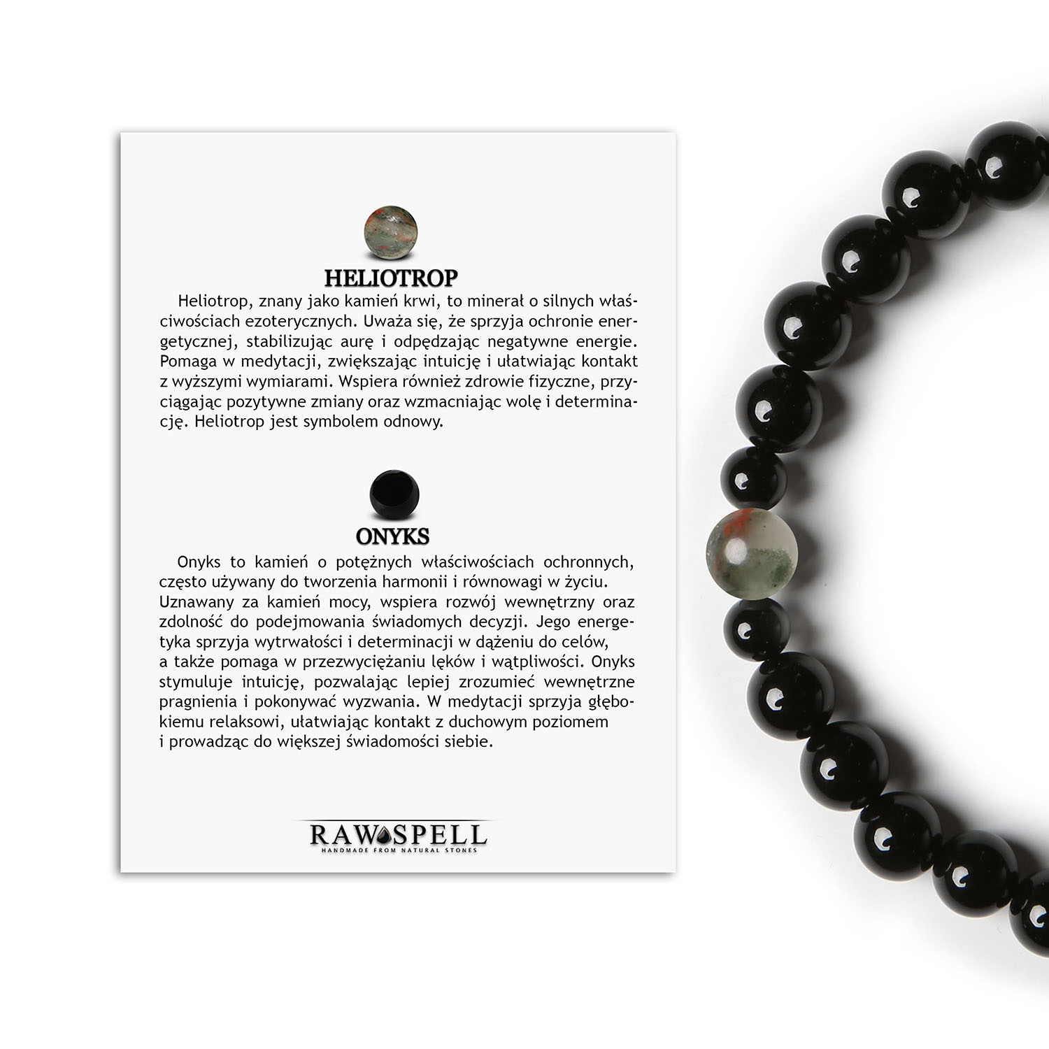 Stylowa bransoletka na gumce Heliotrop i Onyks z kolekcji Binthe dla wszystkich Bransoletka męska i damska z kolekcji Binthe, wykonana z naturalnych kamieni, w tym heliotropu i onyksu.