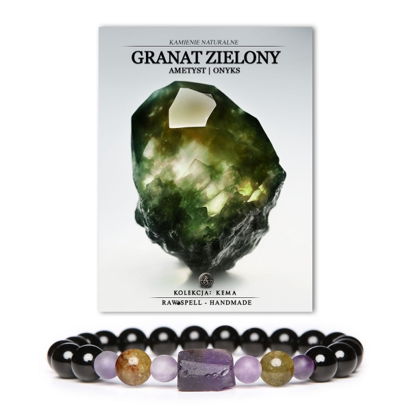 Bransoletka Kema z naturalnymi kamieniami: granat zielony, ametyst i onyks, idealna dla kobiet i mężczyzn.
