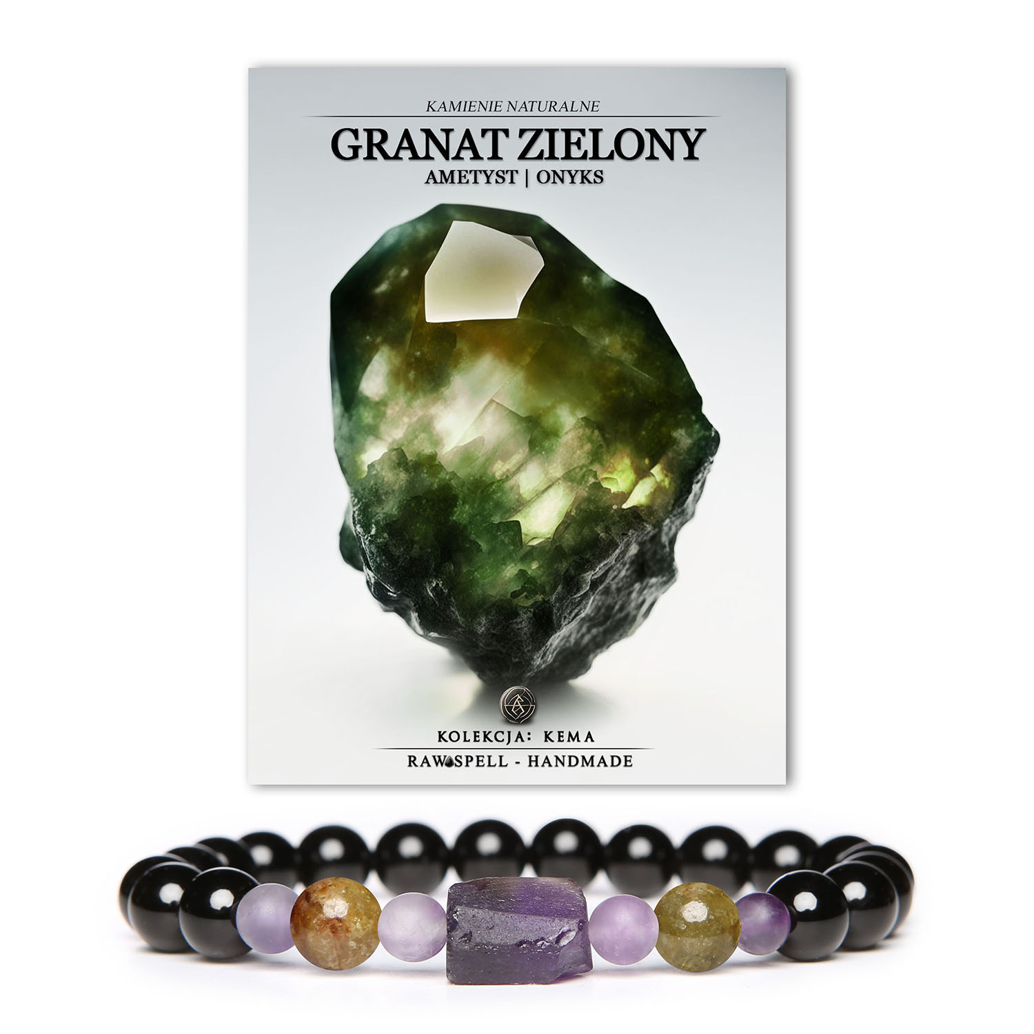 Bransoletka Kema z naturalnymi kamieniami: granat zielony, ametyst i onyks, idealna dla kobiet i mężczyzn.