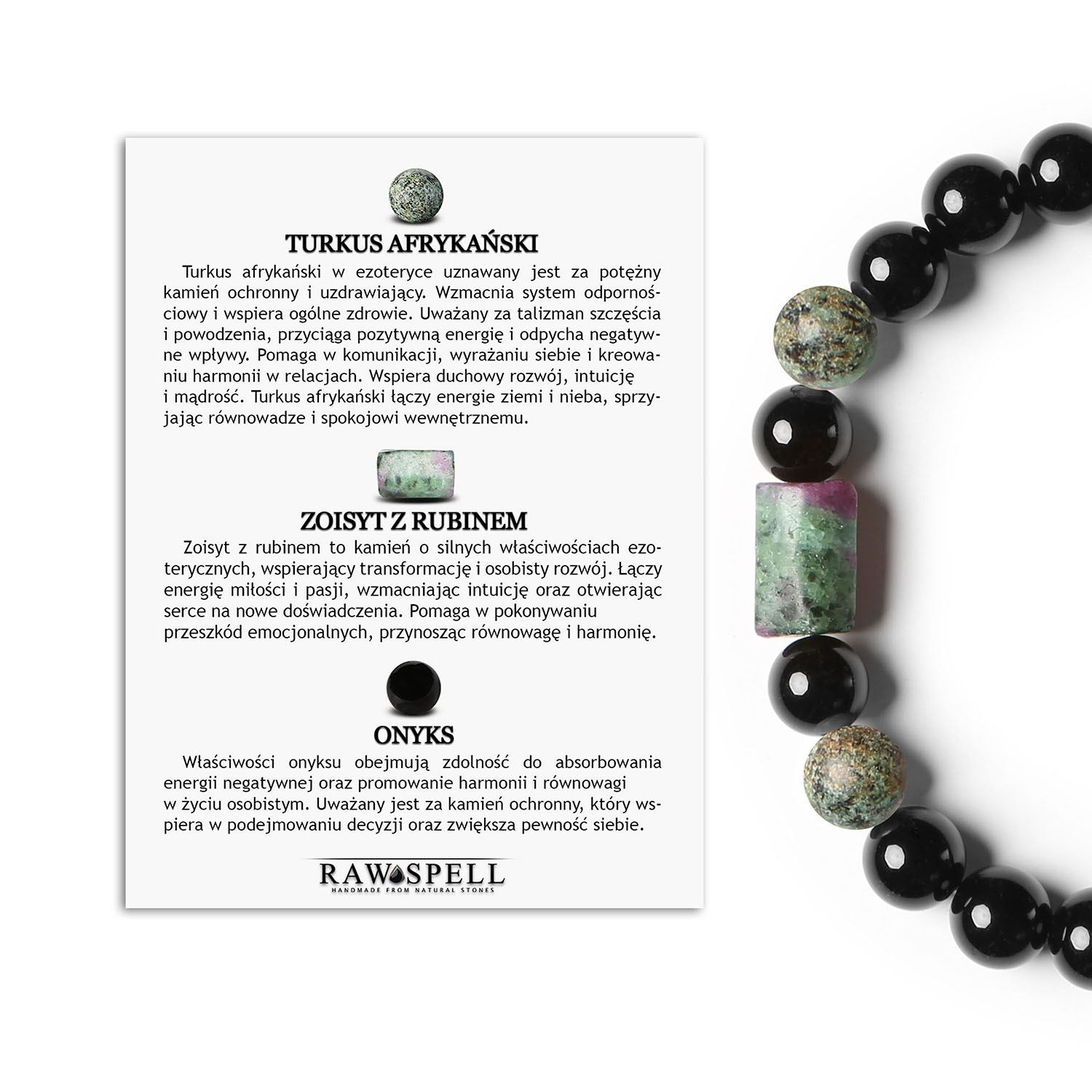 Stylowa bransoletka na gumce Laeri, Turkus Afrykański z Zoisytami i Rubinami, Onyks dla kobiet i mężczyzn Bransoletka z kolekcji dla kobiet i mężczyzn z naturalnymi kamieniami, wykonana z gumki Laeri, ozdobiona turkusem afrykańskim.