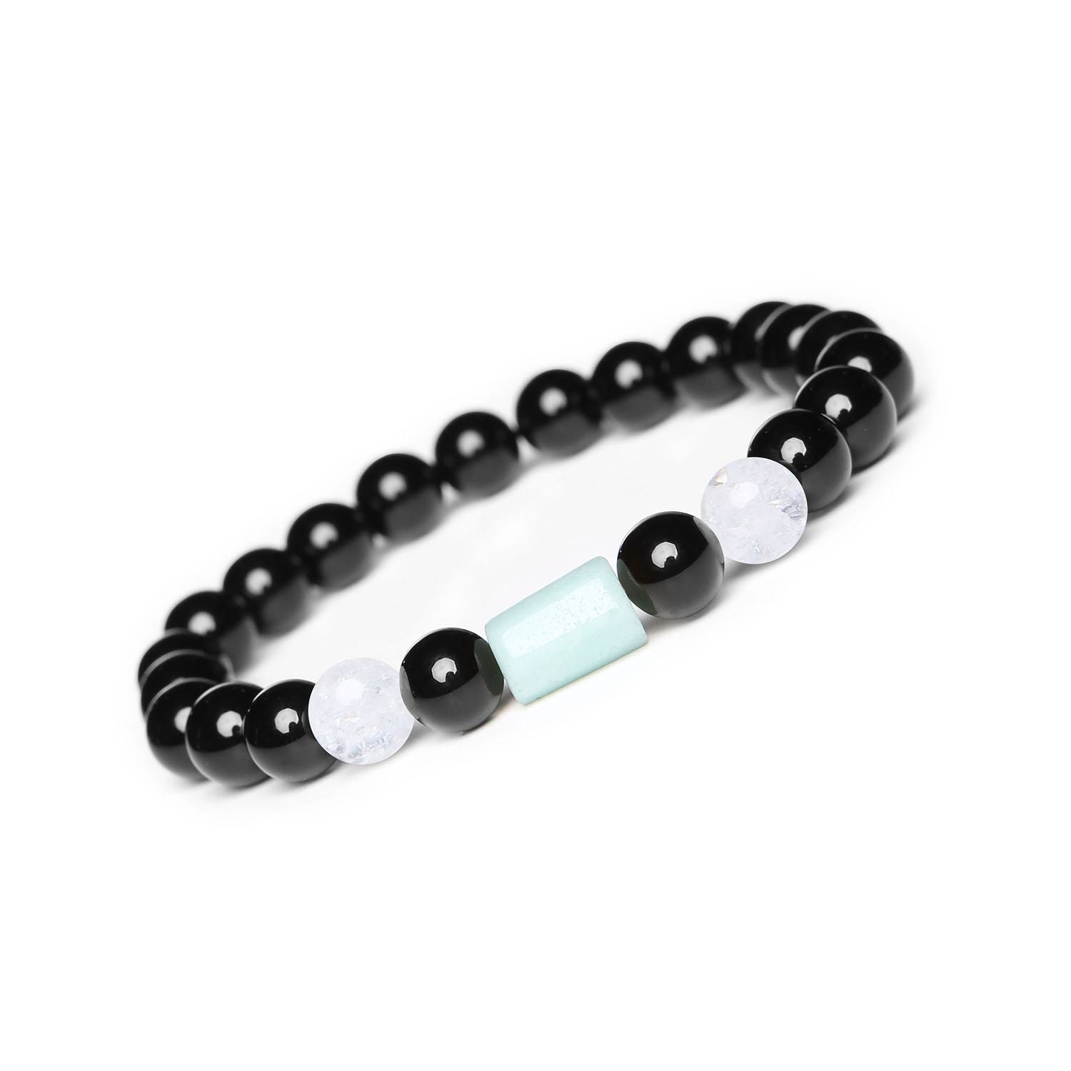 Stylowa bransoletka na gumce Laeri z Kryształem Górskim Lodowym, Amazonitem i Onyksami, idealna dla Kobiet i Mężczyzn Bransoletki z kamieniami naturalnymi z kolekcji Laeri. Dla kobiet i mężczyzn