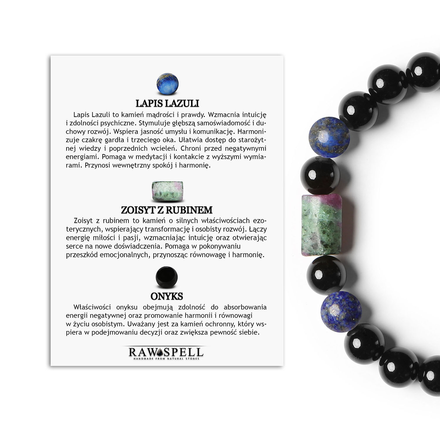 Stylowa bransoletka na gumce Laeri z Lapis Lazuli, Zoisyt z Rubinem i Onyks dla każdej osoby Bransoletka Laeri z naturalnych kamieni - Lapis Lazuli, Zoisyt z Rubinem i Onyks, idealna dla kobiet i mężczyzn.