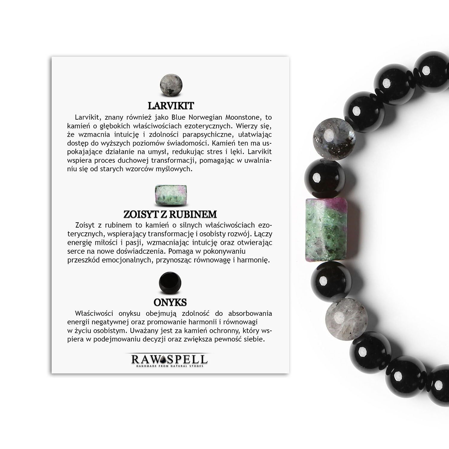 Stylowa bransoletka na gumce Laeri z Larvikitu, Zoisyt z Rubinem i Onyksu dla kobiet oraz mężczyzn Bransoletka Laeri na gumce, zawierająca naturalne kamienie: larvikit, zoisyt z rubinem oraz onyks, idealna dla kobiet i mężczyzn.