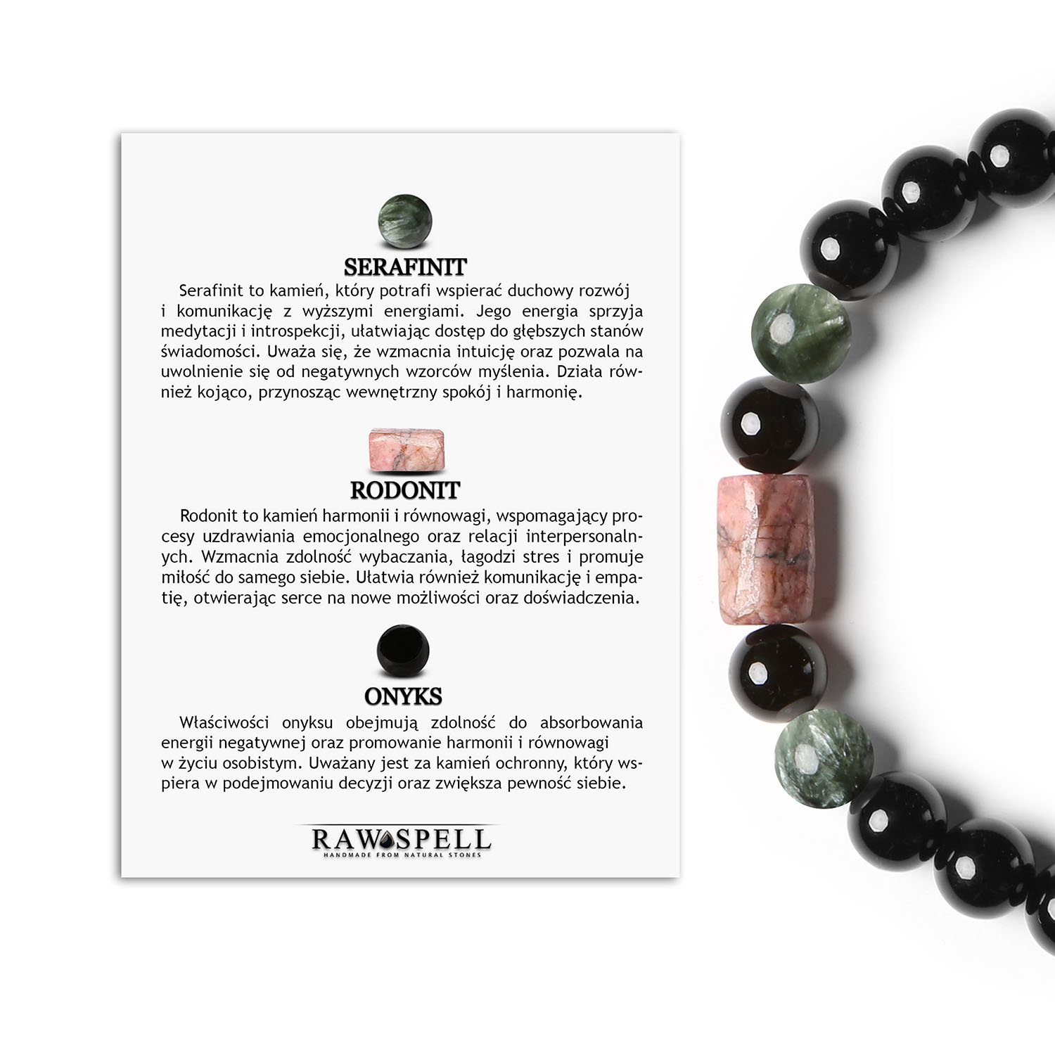 Stylowa bransoletka na gumce Laeri z Serafinitu, Rodonitu i Onyksu – dla Kobiet i Mężczyzn Stylowa bransoletka Laeri z serafinitu, rodonitu i onyksu - naturalne kamienie, które zachwycą zarówno kobiety, jak i mężczyzn.