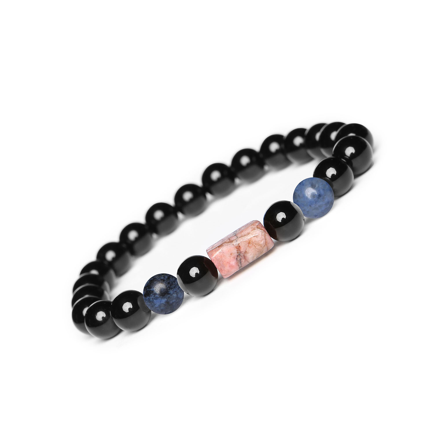 Stylowa bransoletka na gumce Laeri z dumortyerytem, rodonitem i onyksem, dedykowana zarówno kobieta, jak i mężczyznom Bransoletka Laeri z naturalnych kamieni: dumortieryt, rodonit i onyks, idealna dla kobiet i mężczyzn.