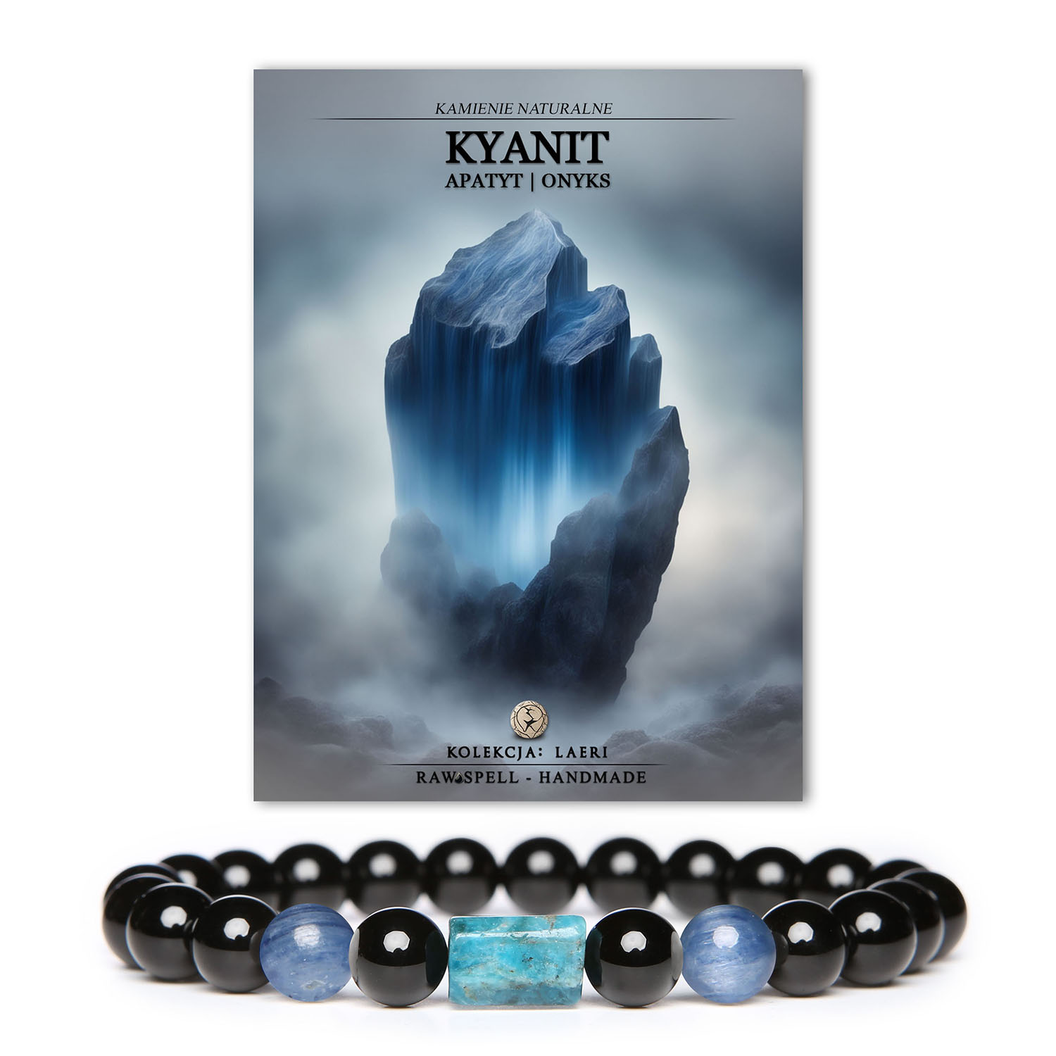 Elegancka bransoletka z naturalnymi kamieniami kyanitu, apatytu i onyksem z kolekcji Laeri, unisex.
