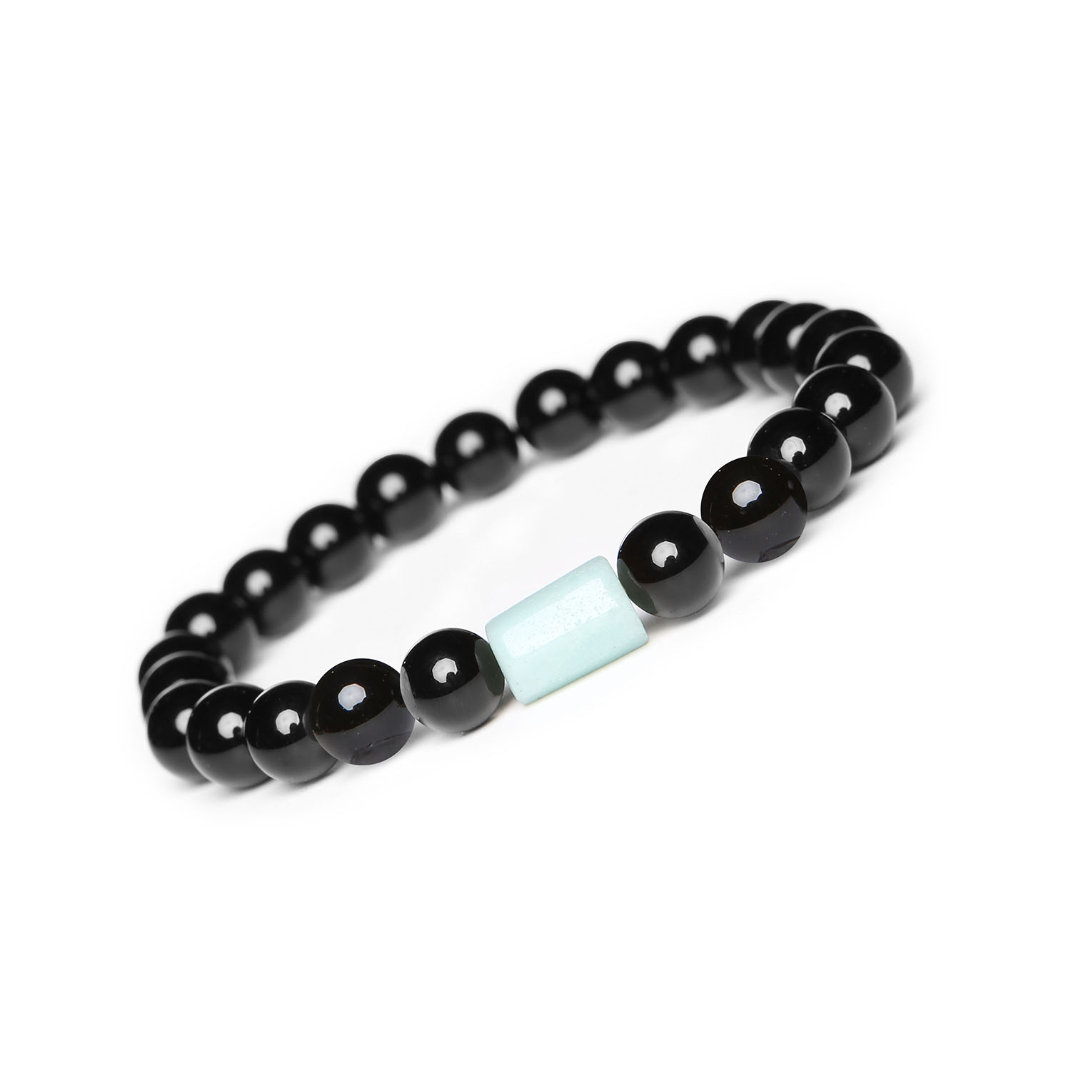 Stylowa bransoletka na gumce Laeri z onyksu i amazonitu, idealna dla kobiet i mężczyzn Stylowa bransoletka z kolekcji Laeri, wykonana z naturalnych onyksów i amazonitów, unisex.