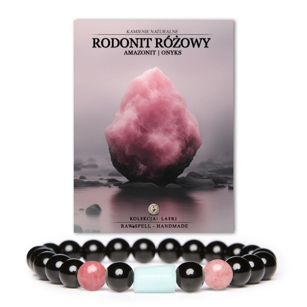Bransoletka Laeri z naturalnymi kamieniami: różowy rodonit, amazonit i onyks, idealna dla kobiet i mężczyzn.