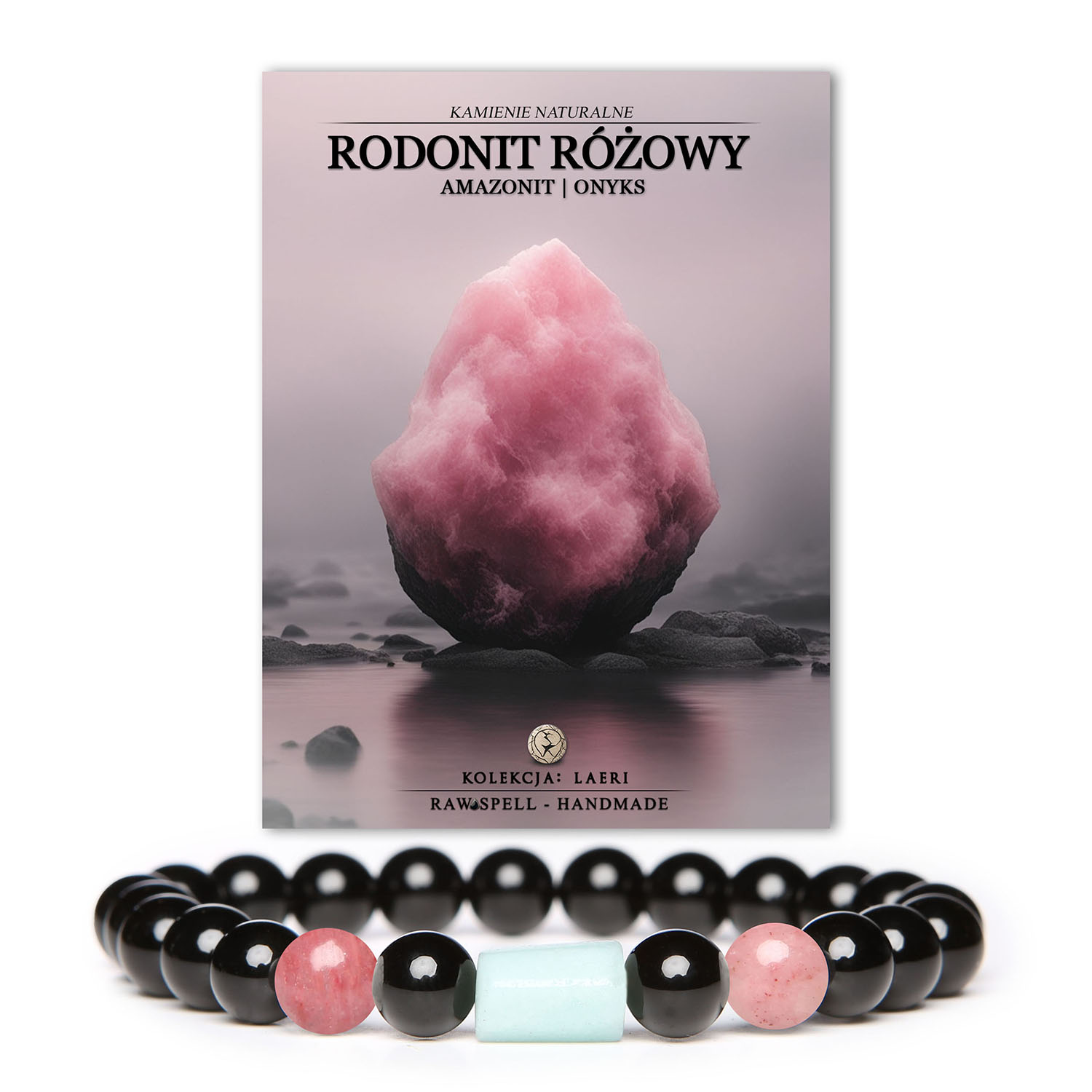 Bransoletka Laeri z naturalnymi kamieniami: różowy rodonit, amazonit i onyks, idealna dla kobiet i mężczyzn.
