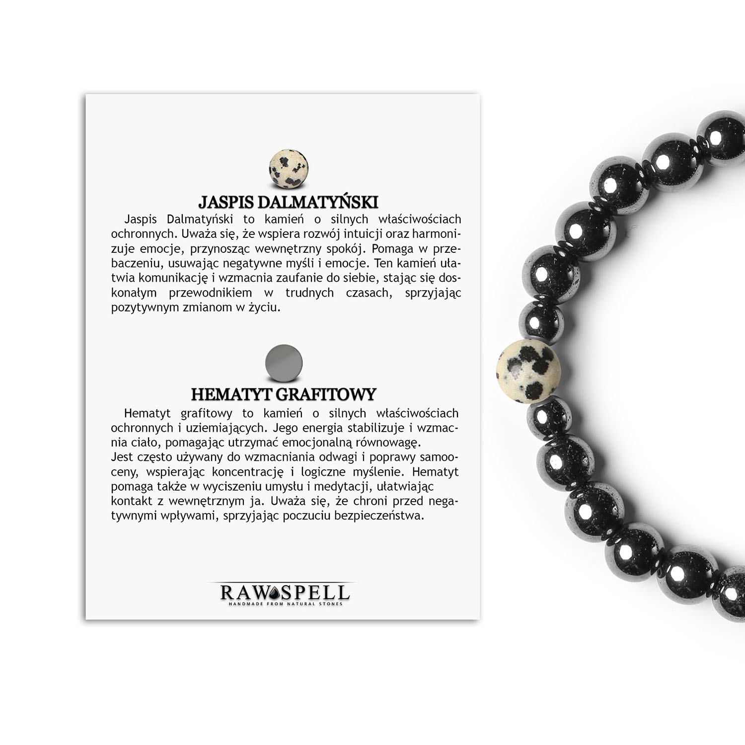 Stylowa bransoletka na gumce z Jaspisem Dalmatyńskim i Hematytowym Grafitem z kolekcji Binthe Bransoletka Binthe z naturalnymi kamieniami - jaspis dalmatyński i hematyt grafitowy, unisex dla kobiet i mężczyzn.