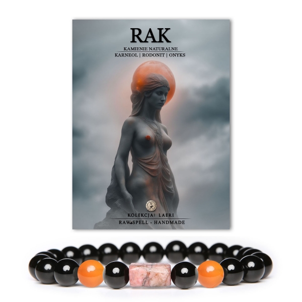 Stylowa bransoletka na gumce z naturalnych kamieni: karneolu, rodonitu i onyksu, idealna dla osób spod znaku Raka. Kolekcja Laeri.