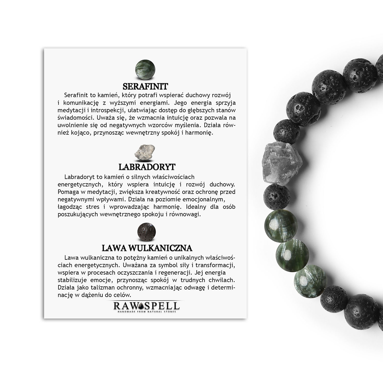 Stylowa bransoletka na gumce z kamieniami Serafinit Labradoryt i Lava Wulkaniczna z kolekcji Derdr dla kobiet i mężczyzn Bransoletka z kolekcji Derdr z kamieniami naturalnymi: serafinit, labradoryt i lawa wulkaniczna, uniwersalny model dla kobiet i mężczyzn.