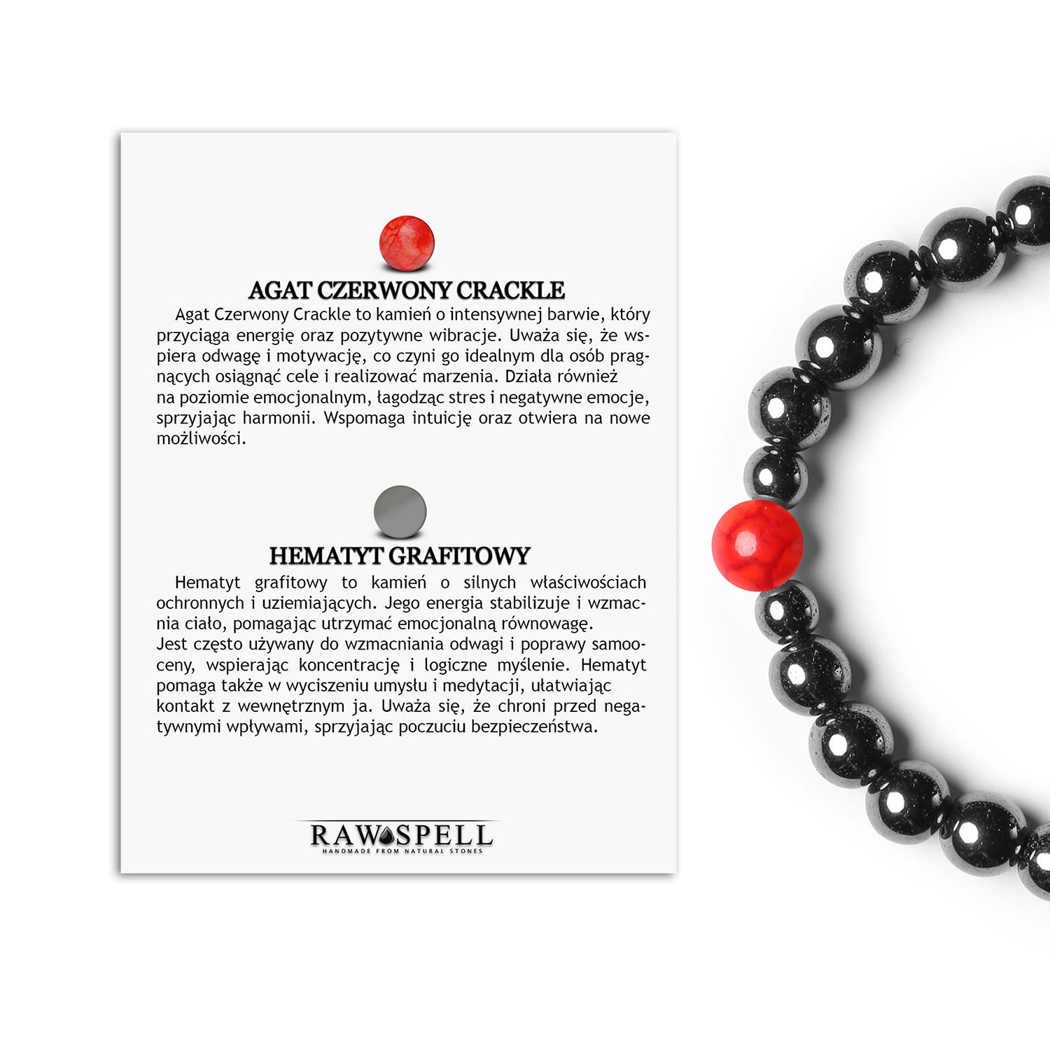 Stylowa bransoletka na gumce z kolekcji Binthe z Agatem Czerwonym Crackle i Hematytem Bransoletka Binthe z kamieni naturalnych: czerwony agat crackle i grafitowy hematyt - uniwersalny dodatek dla kobiet i mężczyzn.