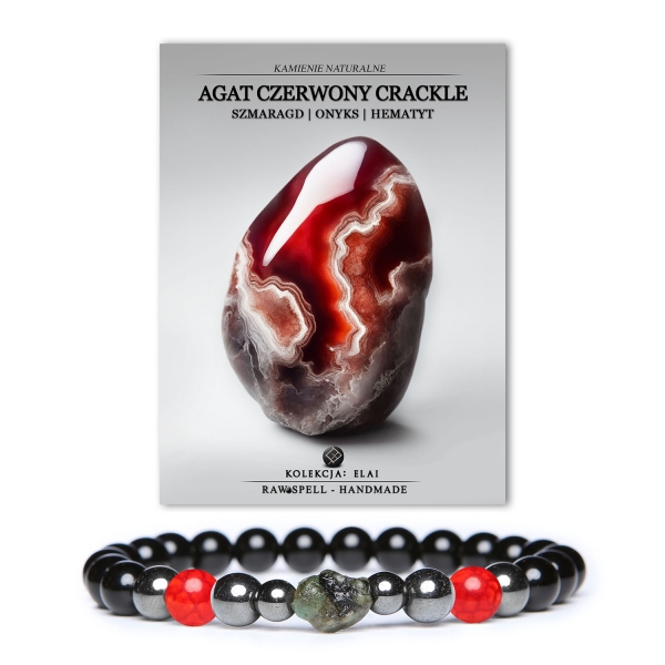 Bransoletka Elai z kamieniami naturalnymi: agat czerwony crackle, szmaragd, onyks i hematyt grafitowy – idealna dla kobiet i mężczyzn.