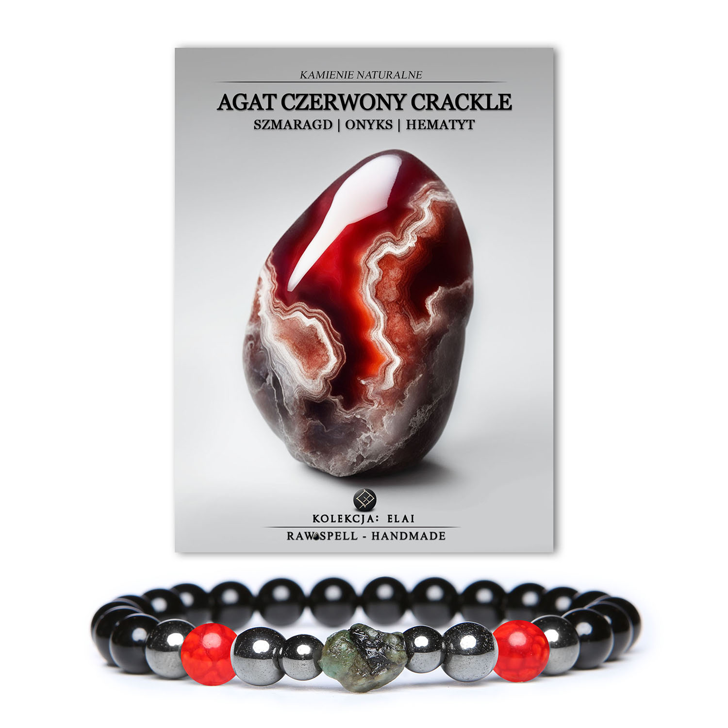 Bransoletka Elai z kamieniami naturalnymi: agat czerwony crackle, szmaragd, onyks i hematyt grafitowy – idealna dla kobiet i mężczyzn.