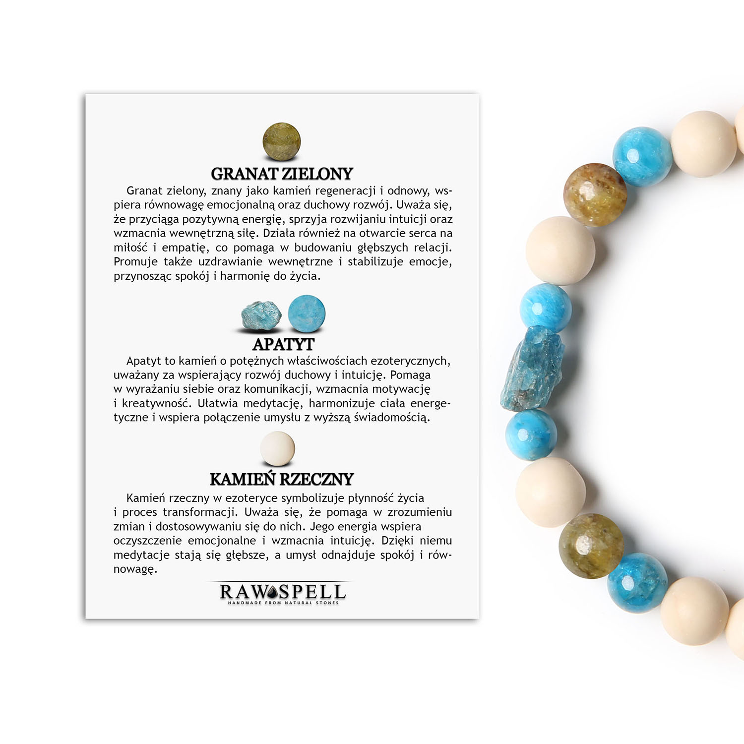 Stylowa bransoletka na gumce z kolekcji Fair, w odcieniach granatu i zieleni, z apatytu i kamienia rzecznego, dla każdej osoby Stylowa bransoletka Fair ozdobiona naturalnymi kamieniami: granatem zielonym, apatytami i kamieniem rzecznym, idealna dla kobiet i mężczyzn.