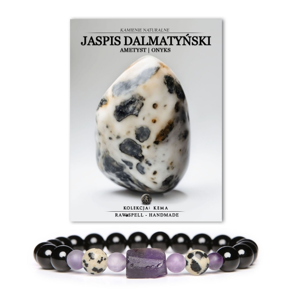 Bransoletka na gumce z kolekcji Kema, idealna dla Kobiet i Mężczyzn, z Jaspisem Dalmatyńskim, Ametystem i Onyksem.