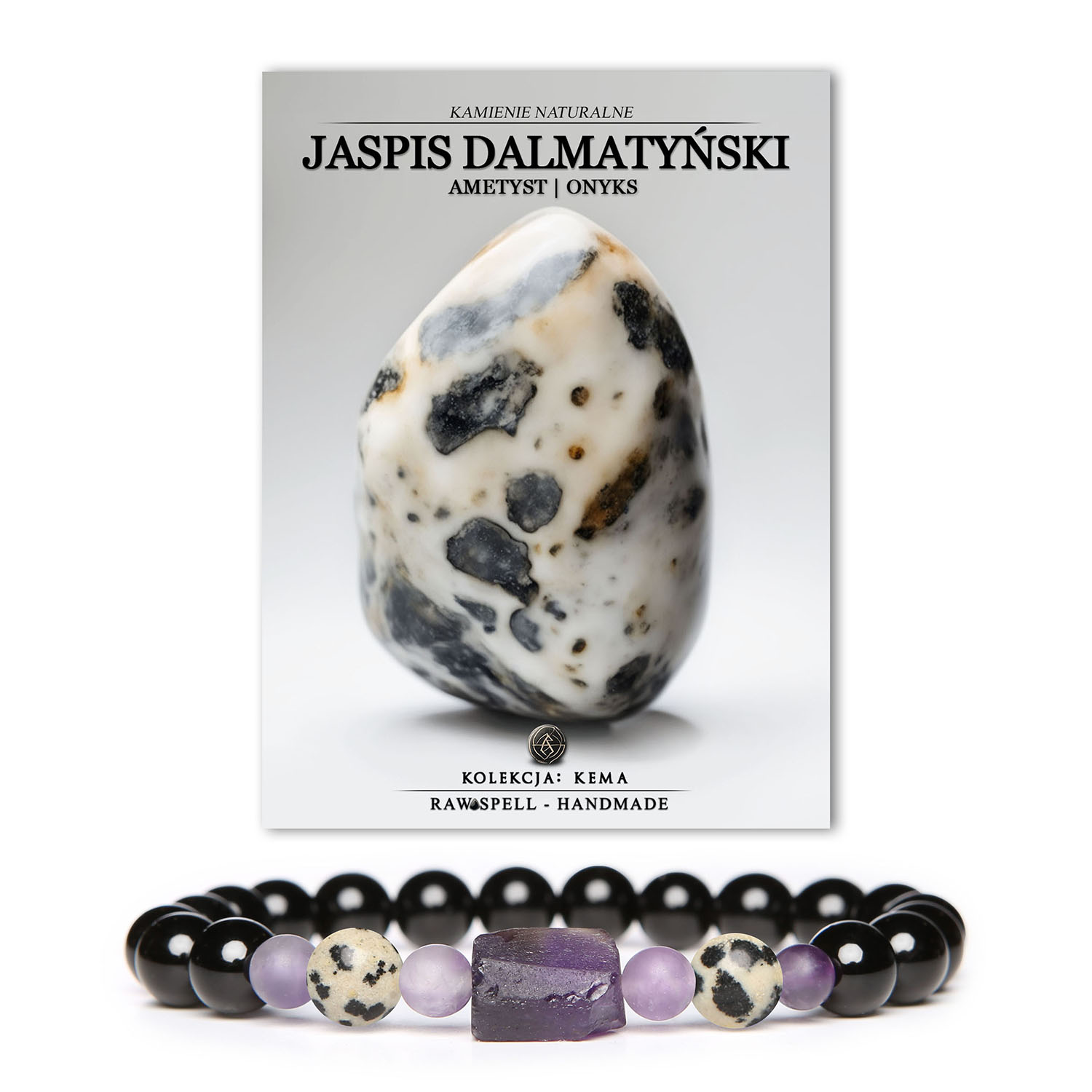Bransoletka na gumce z kolekcji Kema, idealna dla Kobiet i Mężczyzn, z Jaspisem Dalmatyńskim, Ametystem i Onyksem.
