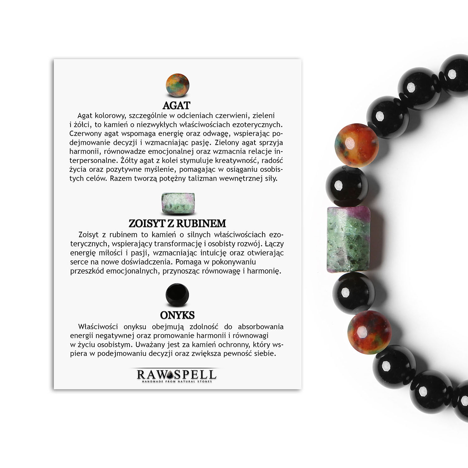 Stylowa bransoletka na gumce z kolekcji Laeri - agat, zoisyt z rubinem i onyks, stworzona dla kobiet i mężczyzn Elegancka bransoletka Laeri z naturalnych kamieni: agat, zoisyt z rubinem, onyks – doskonały dodatek dla każdego, na gumce.