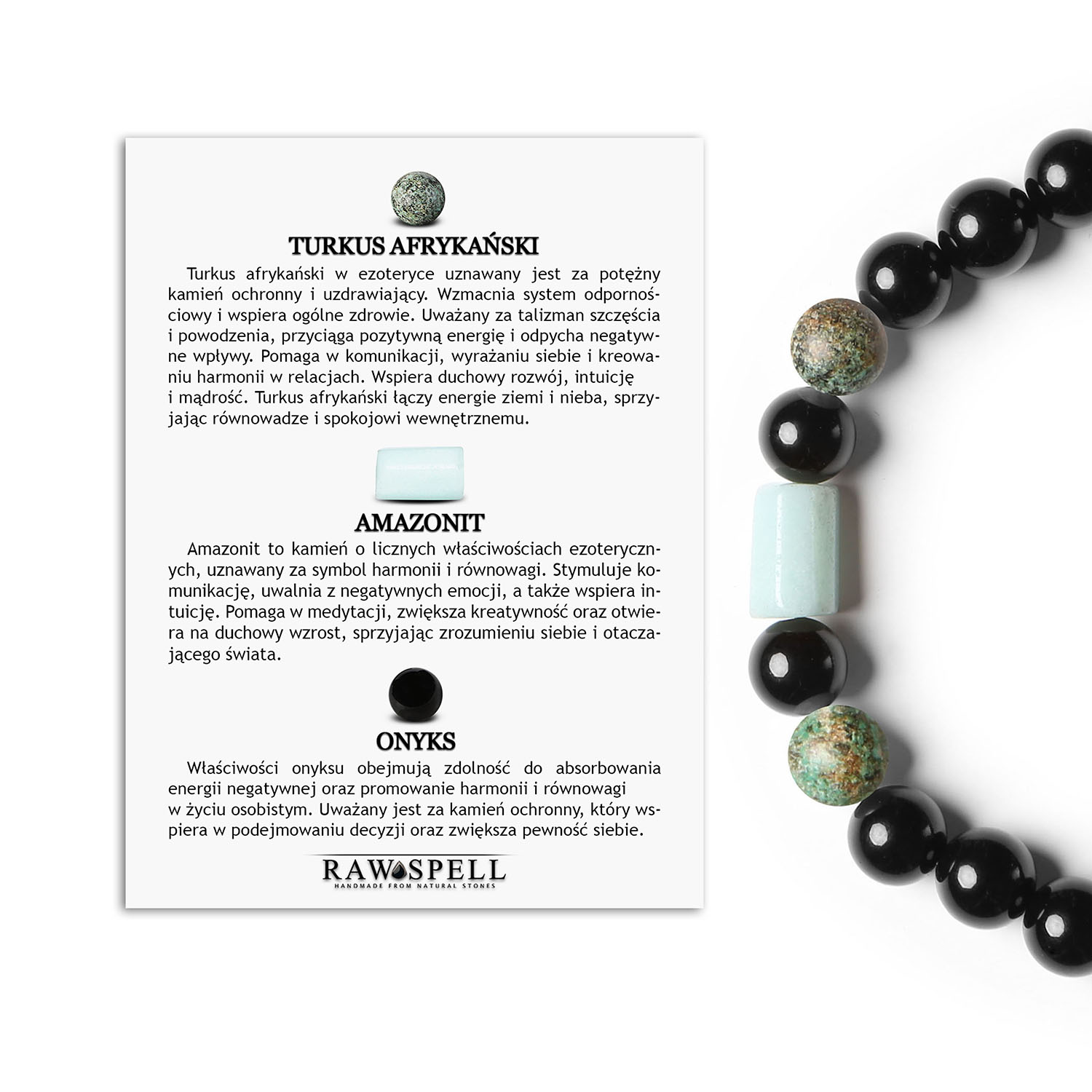 Stylowa bransoletka na gumce z kolekcji Laeri, turkusem afrykańskim, amazonitem i onyksami dla kobiet i mężczyzn Bransoletka z kolekcji Laeri z naturalnymi kamieniami: turkus afrykański, amazonit i onyks, idealna dla kobiet i mężczyzn.