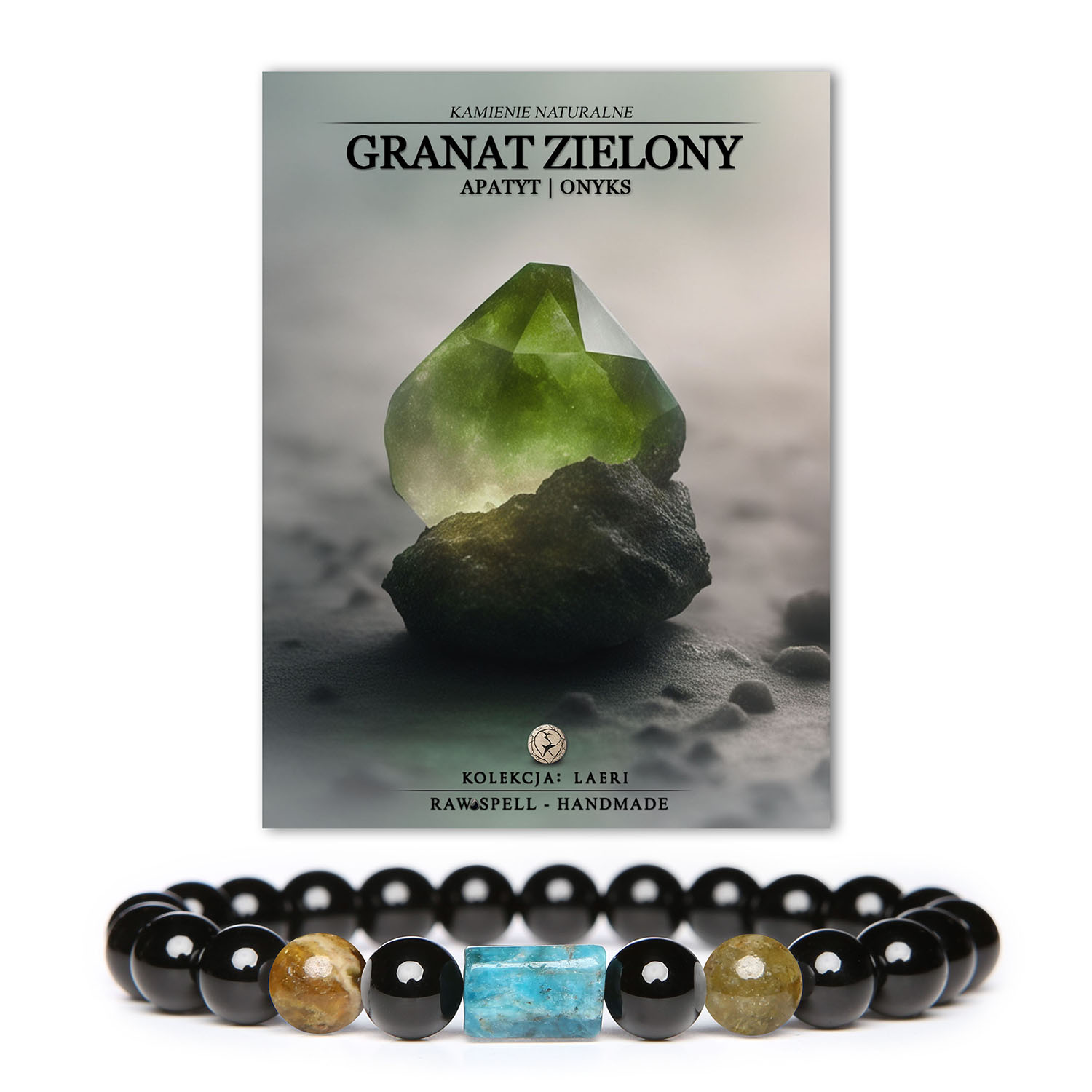 Bransoletka Laeri z naturalnymi kamieniami: zielony granat, apatyt i onyks, idealna dla kobiet i mężczyzn.