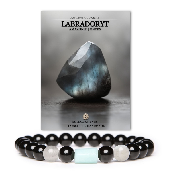 Bransoletka z kolekcji Laeri z naturalnymi kamieniami: labradoryt, amazonit i onyks, idealna dla kobiet i mężczyzn.
