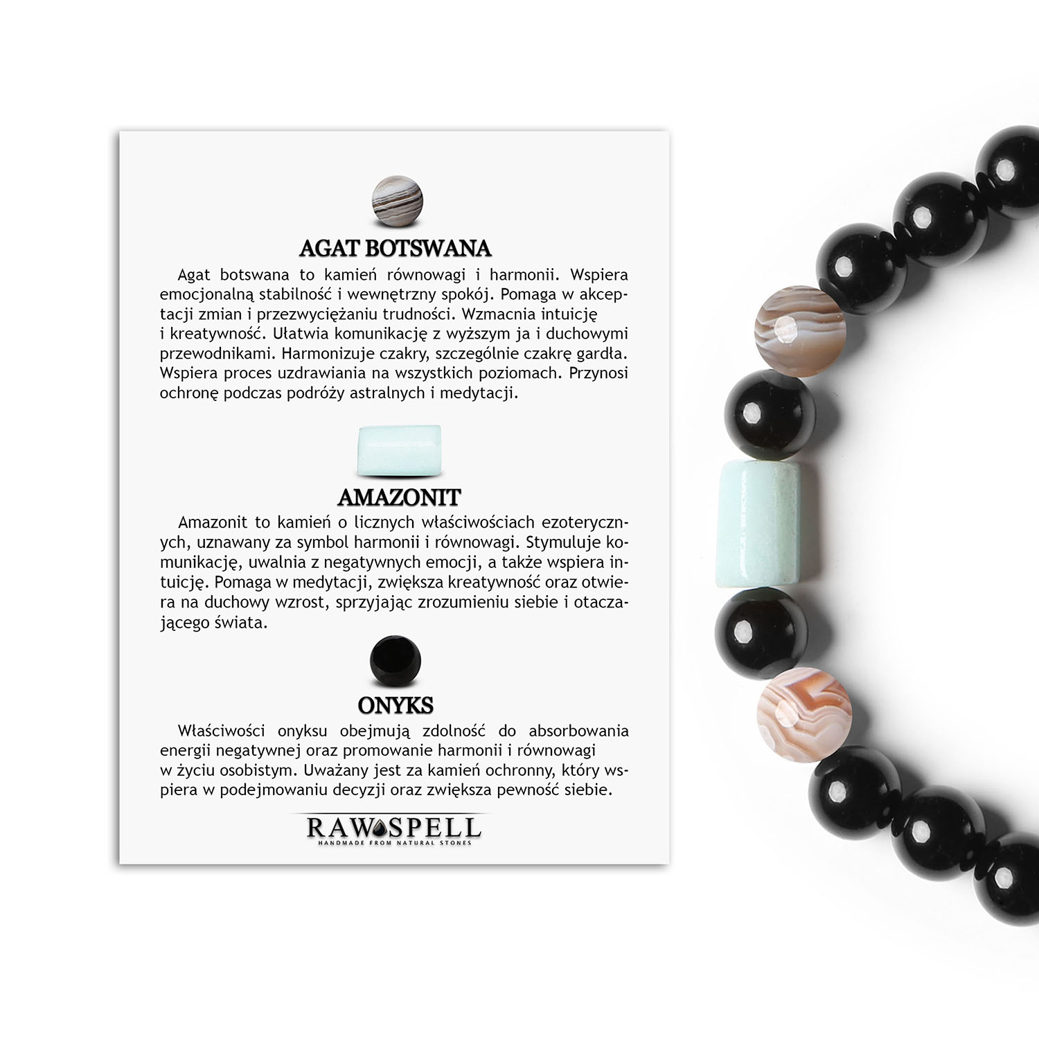 Stylowa bransoletka na gumce z kolekcji Laeri, zawierająca Agat Botswana, Amazonit i Onyks, uniwersalna dla kobiet i mężczyzn Bransoletka Laeri z naturalnych kamieni, w tym agatu Botswana, amazonitu i onyksu, odpowiednia dla kobiet oraz mężczyzn.