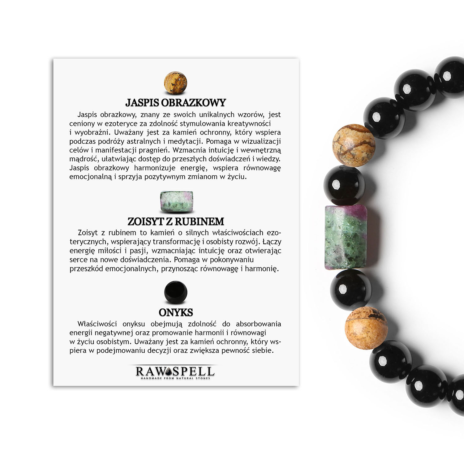 Stylowa bransoletka na gumce z kolekcji Laeri, zawierająca Jaspis Obrazkowy, Zoisyt z Rubinem i Onyks, idealna dla kobiet i mężczy Bransoletka Laeri na gumce, wykonana z naturalnych kamieni: jaspisu obrazkowego, zoisytu z rubinem i onyksu, idealna dla kobiet i mężczyzn.