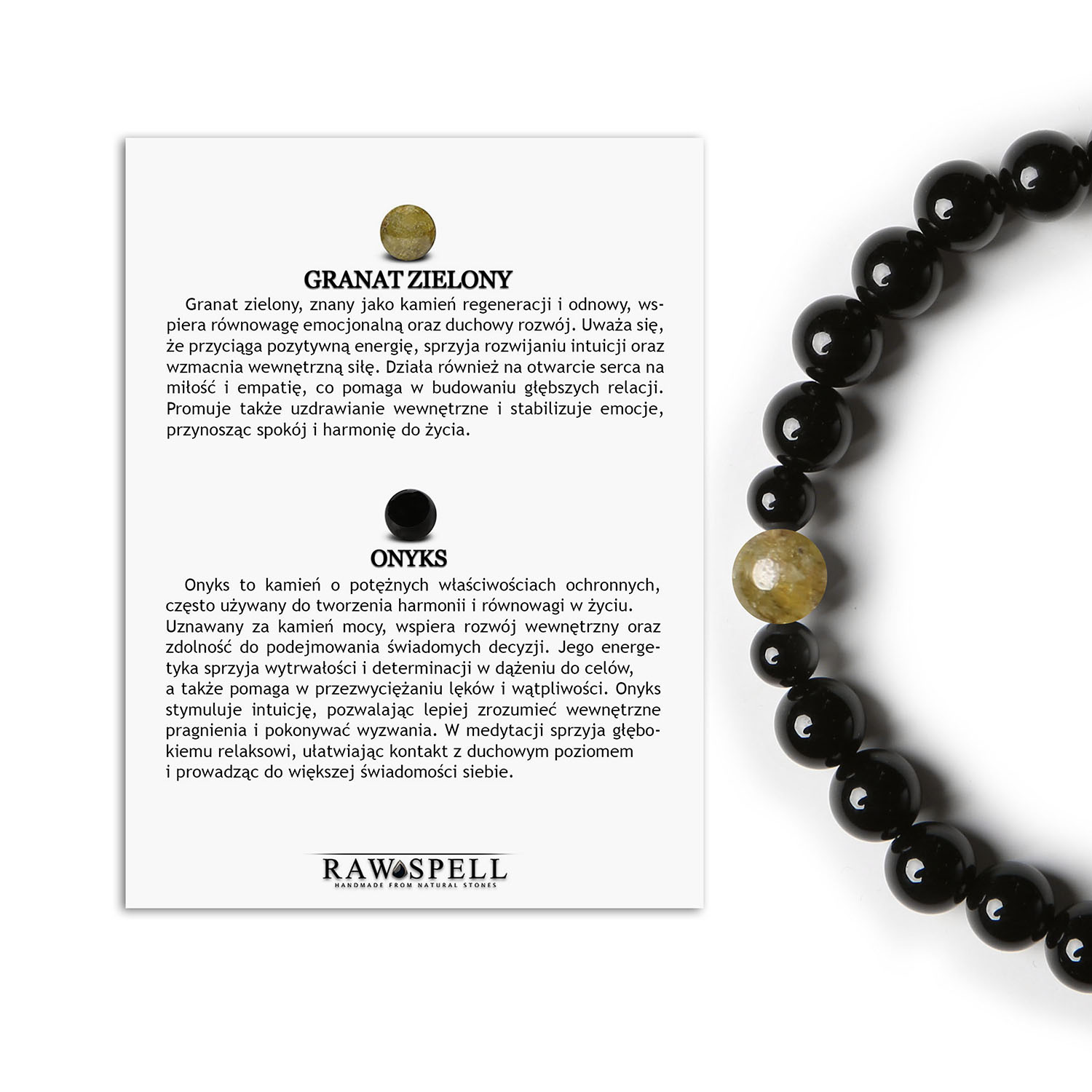 Stylowa bransoletka na gumce z onyksu w granatowo-zielonym zestawieniu, doskonała dla kobiet i mężczyzn Stylowa bransoletka z kamieni naturalnych od Binthe, zawierająca zielony granat i onyks, idealna dla obu płci.