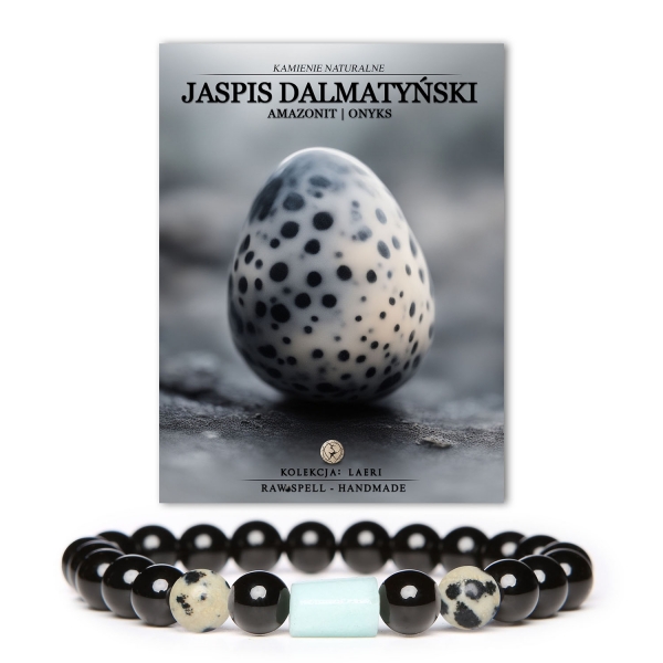 Bransoletka z kolekcji Laeri wykonana z naturalnych kamieni: Jaspis Dalmatyński, Amazonit i Onyks, idealna dla kobiet i mężczyzn.