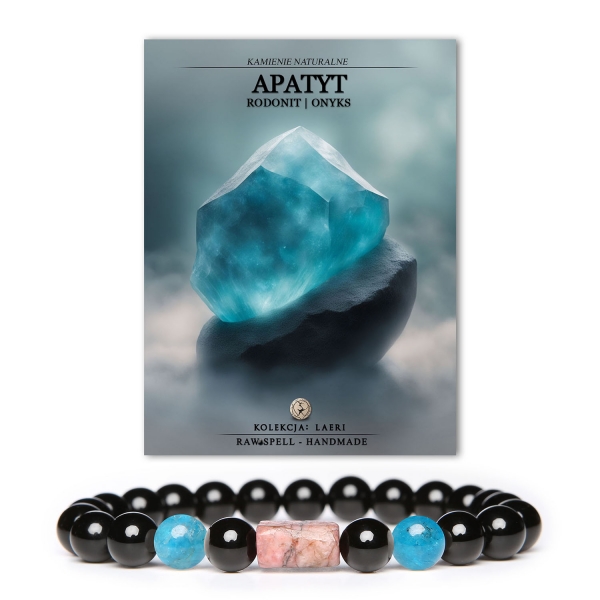 Stylowa bransoletka Laeri z kamieni naturalnych - apatyt, rodonit w odcieniu różowym oraz onyks, idealna dla każdego.