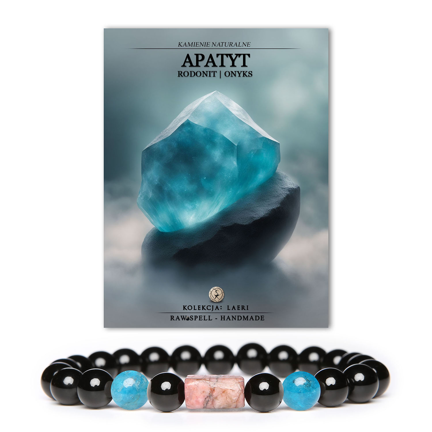 Stylowa bransoletka Laeri z kamieni naturalnych - apatyt, rodonit w odcieniu różowym oraz onyks, idealna dla każdego.