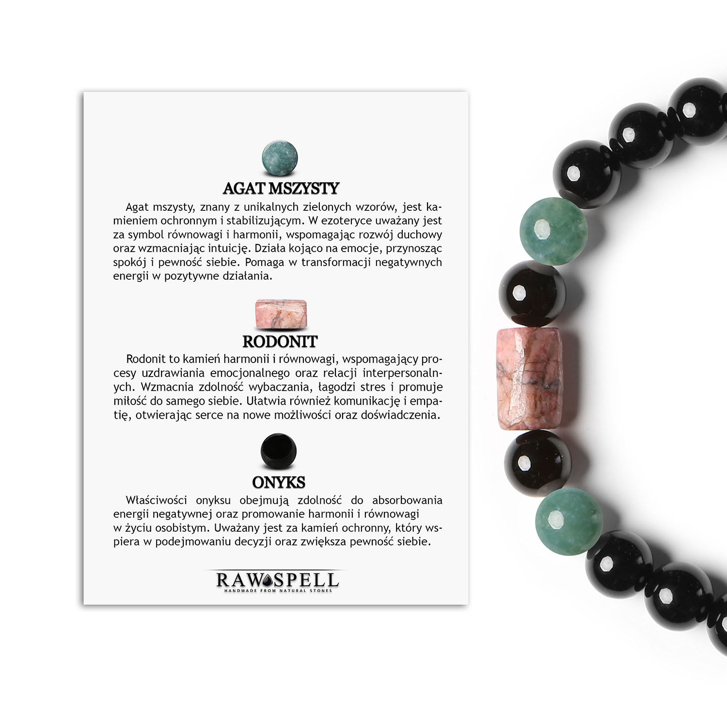 Stylowa bransoletka na sznurku Laeri z agatami, rodonitem w kolorze różowym i onyksem dla kobiet i mężczyzn Naturalna bransoletka Laeri z kamieniami: agat mszysty, rodonit w odcieniach różu oraz onyks, odpowiednia dla kobiet i mężczyzn.