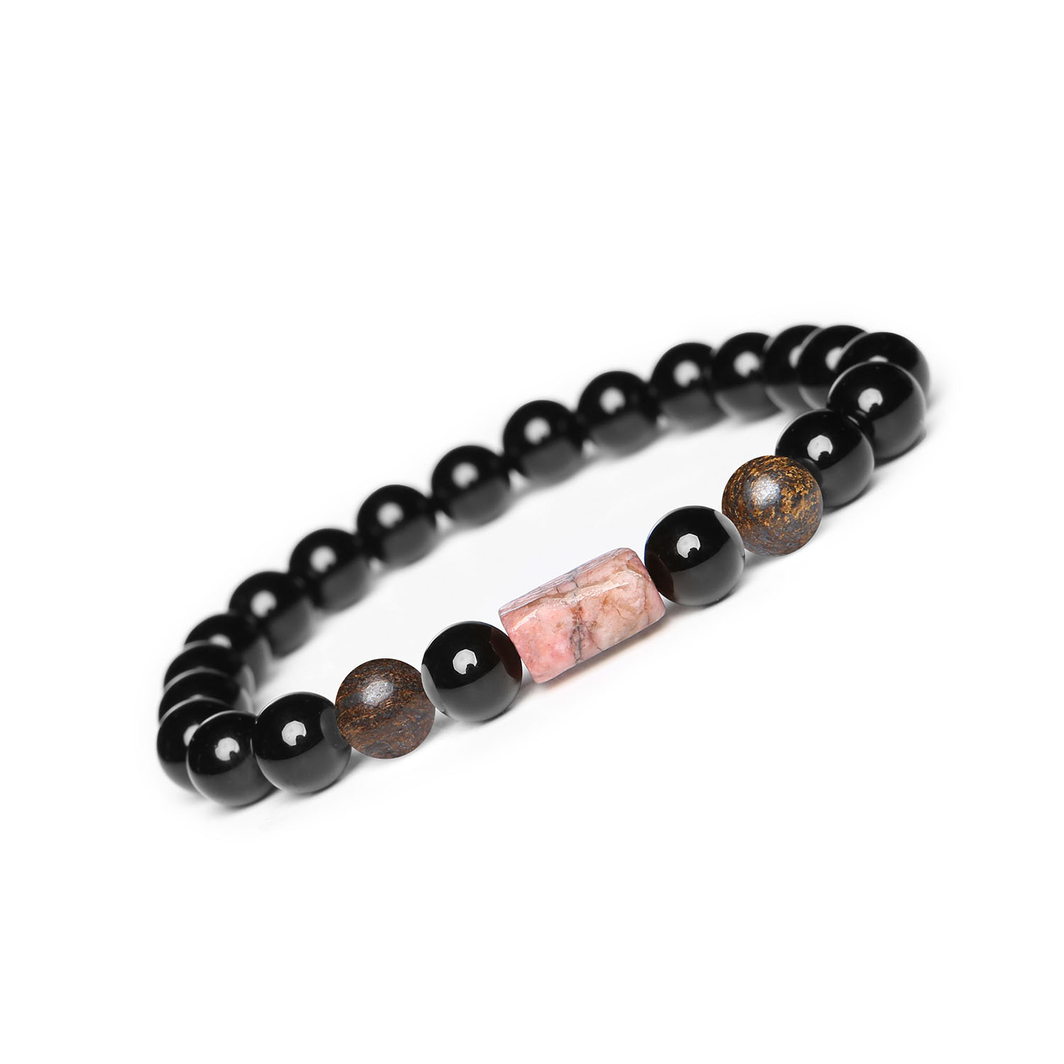 Stylowa bransoletka na sznurku Laeri z bronzytem, rodonitem w kolorze różowym i onyksami, idealna dla obu płci Bransoletka Laeri z naturalnych kamieni: bronzyt, różowy rodonit i onyks – stylowa biżuteria dla kobiet i mężczyzn.