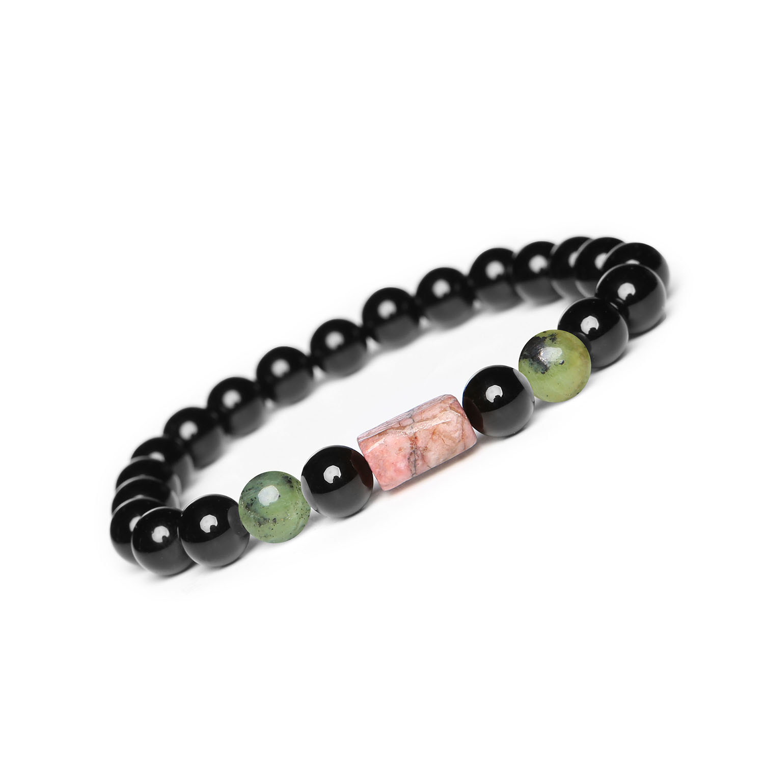 Stylowa bransoletka na sznurku Laeri z jadeitem zielonym, różowym rodonitem oraz onyksami, doskonała na każdą okazję Stylowa bransoletka Laeri z naturalnymi kamieniami - jadeitem w kolorze zielonym, rodonitem w odcieniu różowym oraz onyksu, odpowiednia dla obu płci.