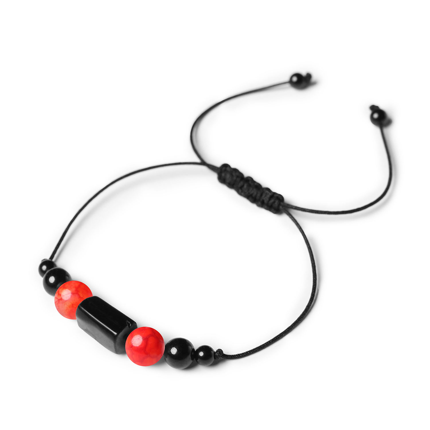 Stylowa bransoletka na sznurku z kolekcji Inare - Agat Czerwony Crackle i Turmalin dla wszystkich Bransoletka z kamieni naturalnych - czerwony agat crackle i turmalin, kolekcja Inare dla kobiet i mężczyzn.