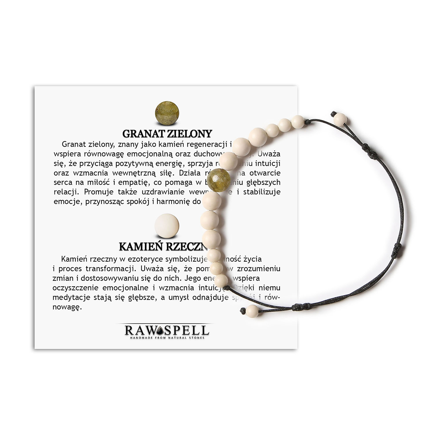 Stylowa bransoletka na sznurku z kolekcji Jaue, z kamieniem rzecznym w granatowo-zielonym wydaniu dla wszystkich Bransoletka z kolekcji Jaue wykonana z naturalnych kamieni, w tym zielonego granatu i kamienia rzecznego, idealna dla kobiet i mężczyzn.