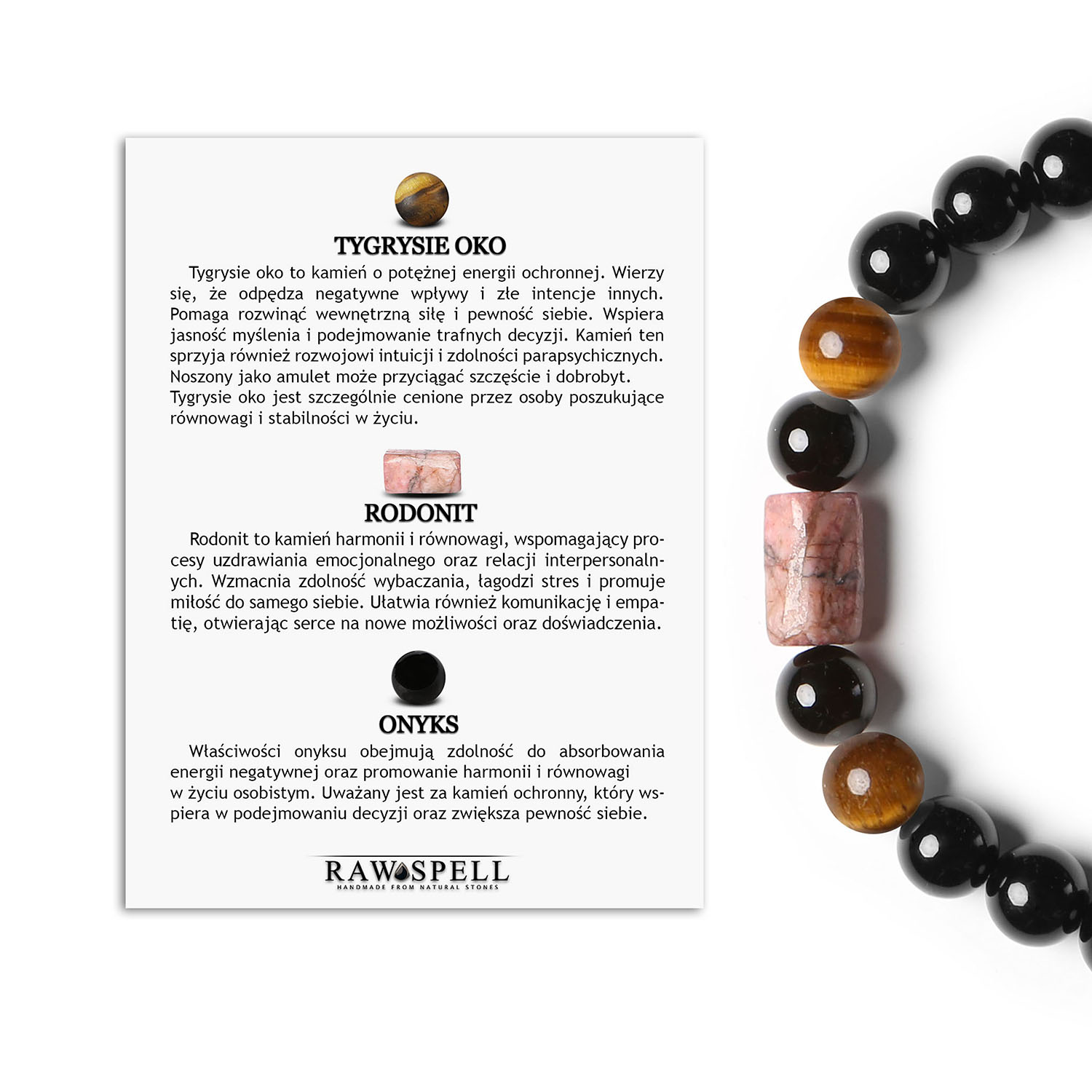 Stylowa bransoletka na sznurku z kolekcji Laeri, ozdobiona tygrysim okiem, różowym rodonitem i onyksowym elementem, dla kobiet i mężczyzn Bransoletka Laeri z naturalnymi kamieniami: tygrysie oko, różowy rodonit i onyks, idealna dla kobiet i mężczyzn.