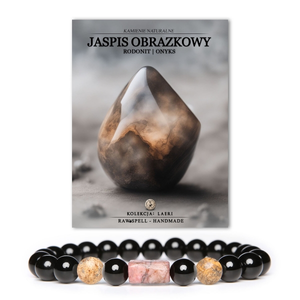 Bransoletka Laeri z naturalnymi kamieniami: jaspis obrazkowy, różowy rodonit i onyks, idealna dla kobiet i mężczyzn.