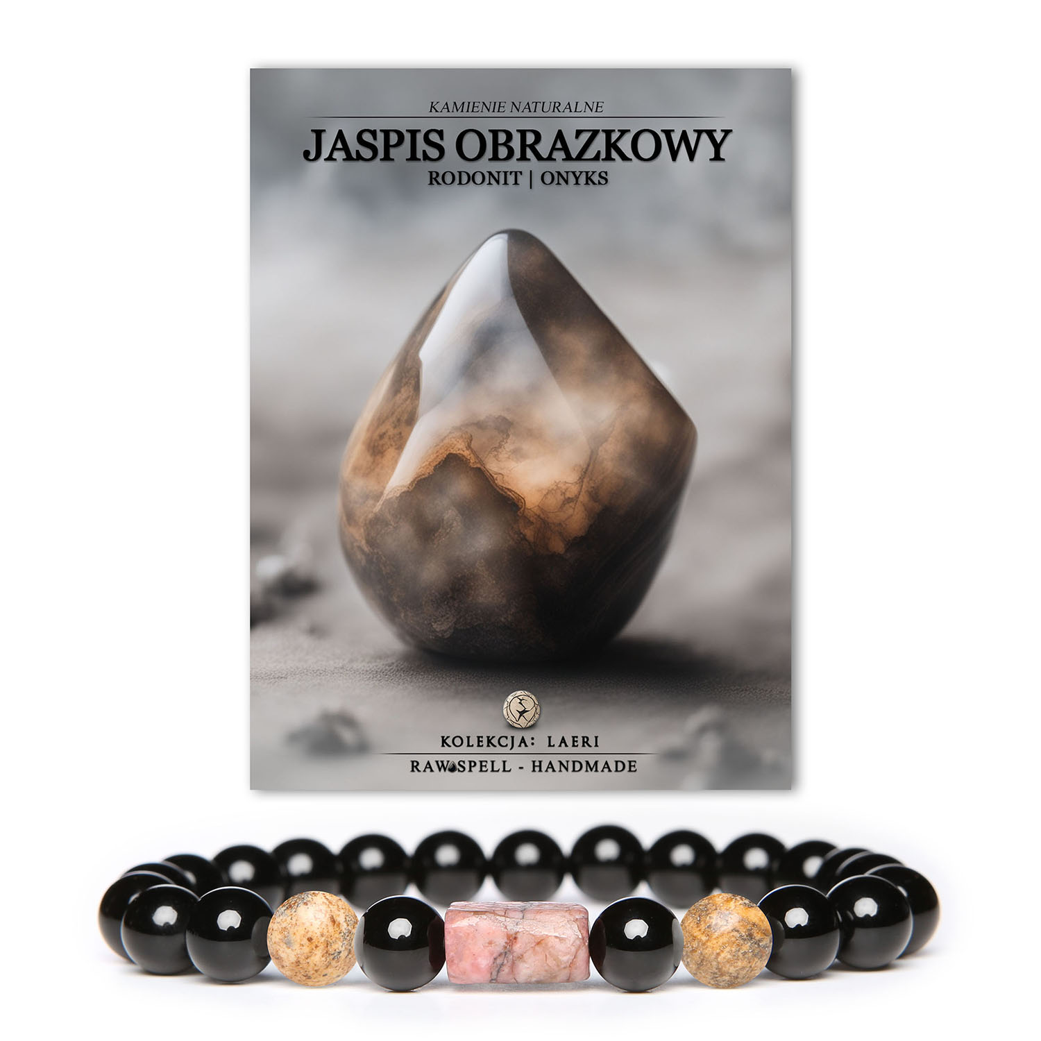 Bransoletka Laeri z naturalnymi kamieniami: jaspis obrazkowy, różowy rodonit i onyks, idealna dla kobiet i mężczyzn.