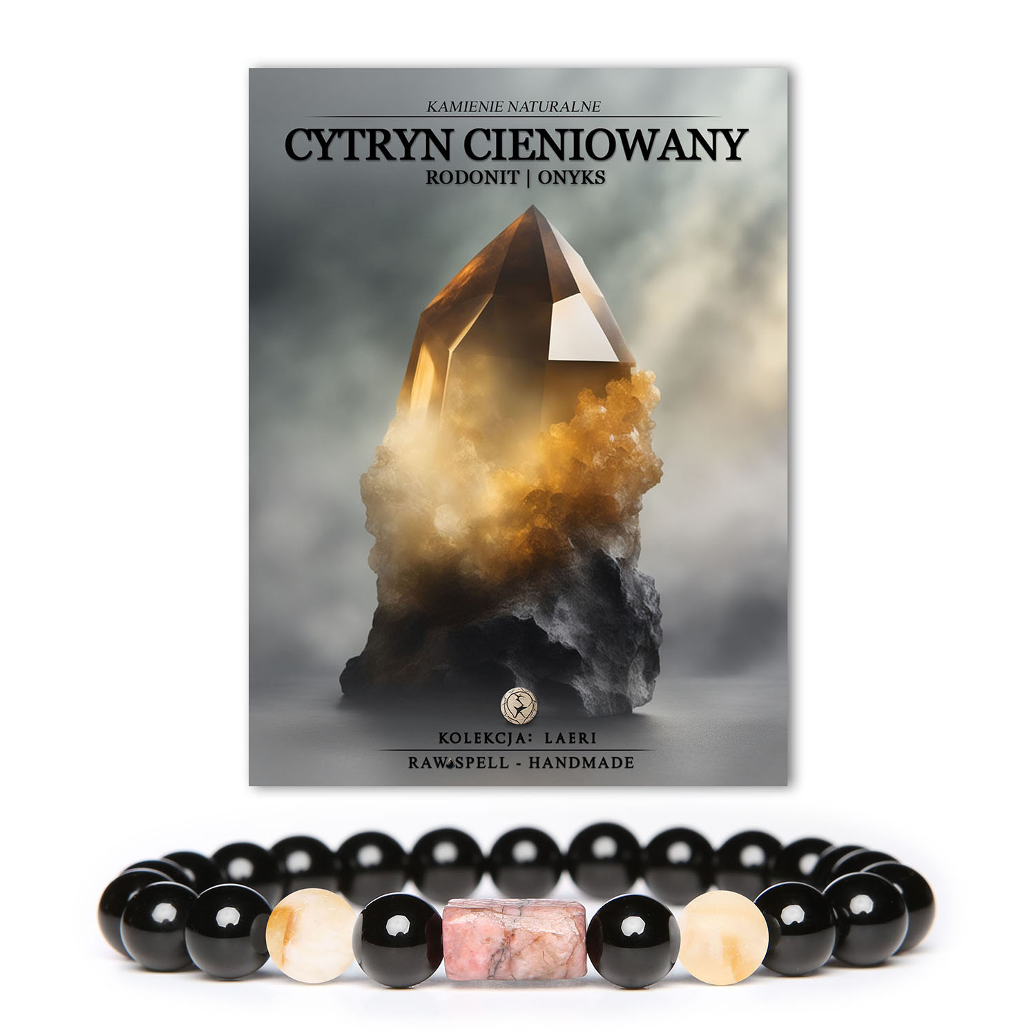 Stylowa bransoletka Laeri z kamieniami naturalnymi, w tym cieniowany cytryn, różowy rodonit oraz onyks. Doskonała zarówno dla kobiet, jak i mężczyzn.