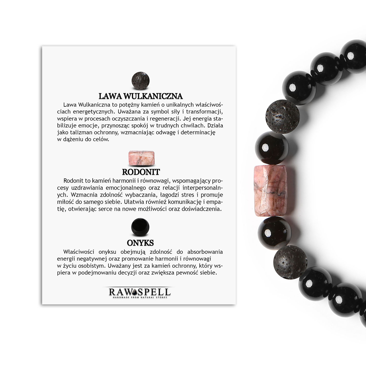 Stylowa bransoletka na sznurku z kolekcji Laeri, wykonana z lawy wulkanicznej, rodonitu w kolorze różowym i onyksów dla każdego Bransoletka Laeri z naturalnymi kamieniami: lawa wulkaniczna, różowy rodonit i onyks, idealna dla kobiet i mężczyzn.