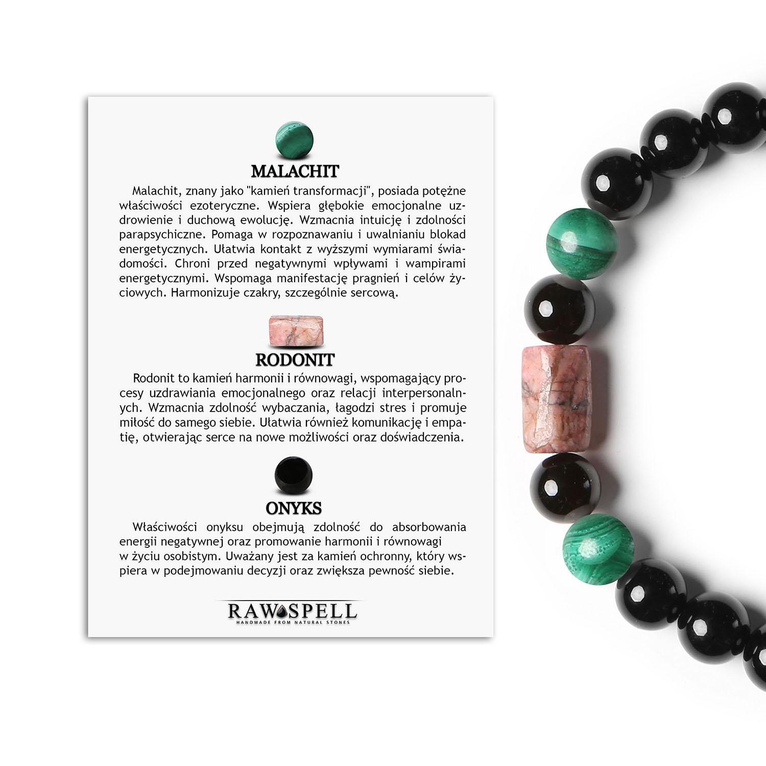 Stylowa bransoletka na sznurku z kolekcji Laeri, wzbogacona malachitem, różowym rodonitem i onyksami, dla kobiet i mężczyzn Bransoletka Laeri z naturalnych kamieni: malachit, różowy rodonit i onyks – elegancka biżuteria dla kobiet i mężczyzn.