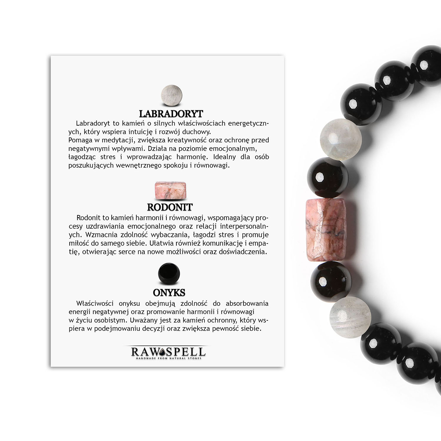 Stylowa bransoletka na sznurku z kolekcji Laeri, zawierająca labradoryt, różowy rodonit oraz onyks, przeznaczona dla kobiet i mężczyzn Bransoletka z kolekcji Laeri - piękna bransoletka z naturalnymi kamieniami. Dla kobiet i mężczyzn.