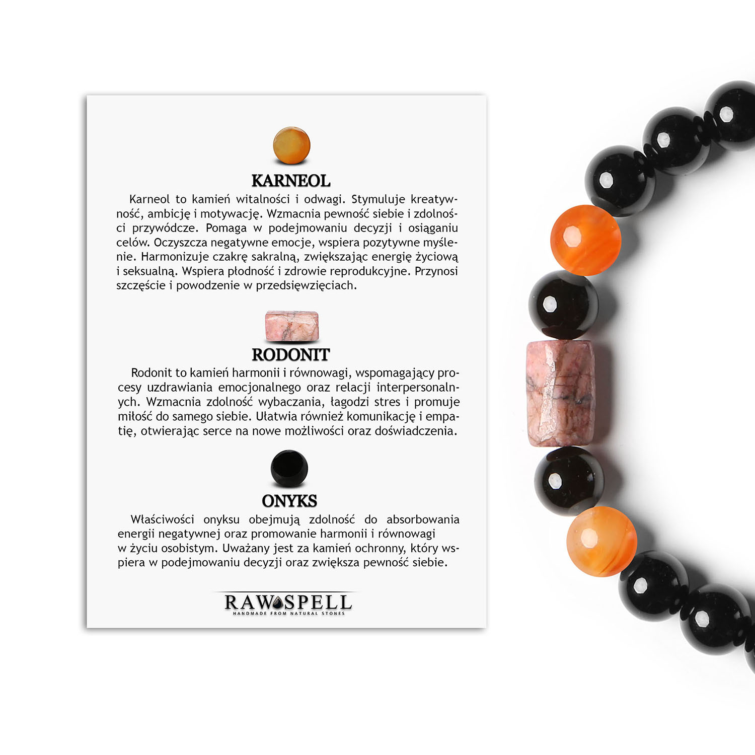 Stylowa bransoletka na sznurku z kolekcji Laeri – karneol, różowy rodonit i onyks w ofercie dla Kobiet i Mężczyzn Bransoletka Laeri zdobiona naturalnymi kamieniami - karneolem, różowym rodonitem i onyksami, doskonała dla każdego.