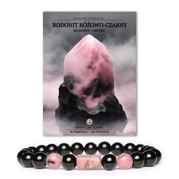 Elegancka bransoletka Laeri z kamieniami naturalnymi - rodonit w odcieniach różowo-czarnych i onyks, idealna dla kobiet i mężczyzn.